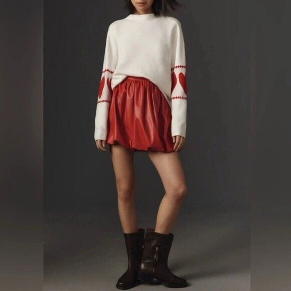 Anthropologie Maeve CARYS Mock Neck Sweater Womens Medium M Red Hearts Oversized - Picture 4 of 13